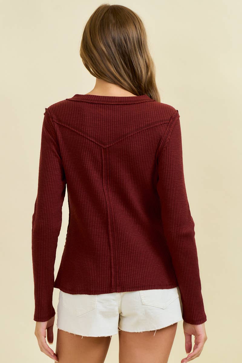 Western Yoke Ribbed Long sleeved Tee - Cinnamon or Acorn
