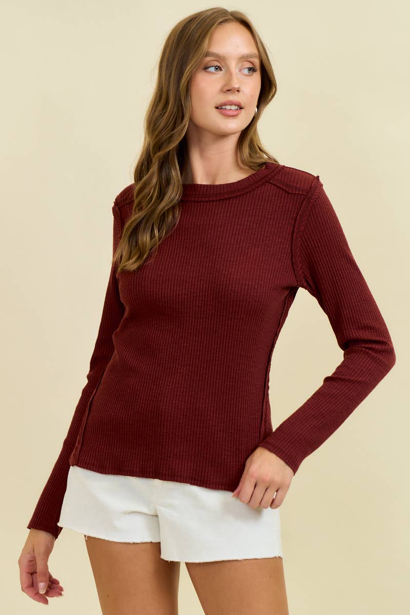 Western Yoke Ribbed Long sleeved Tee - Cinnamon or Acorn
