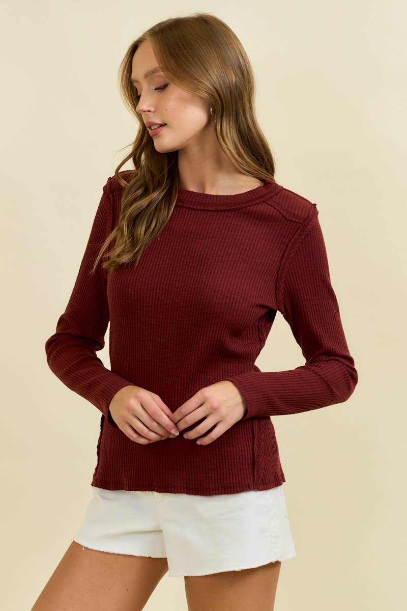 Western Yoke Ribbed Long sleeved Tee - Cinnamon or Acorn